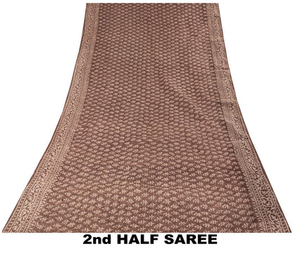 Sanskriti Vintage Saree Brown Kota WovenPure Cotton Handblock Print Sari Fabric