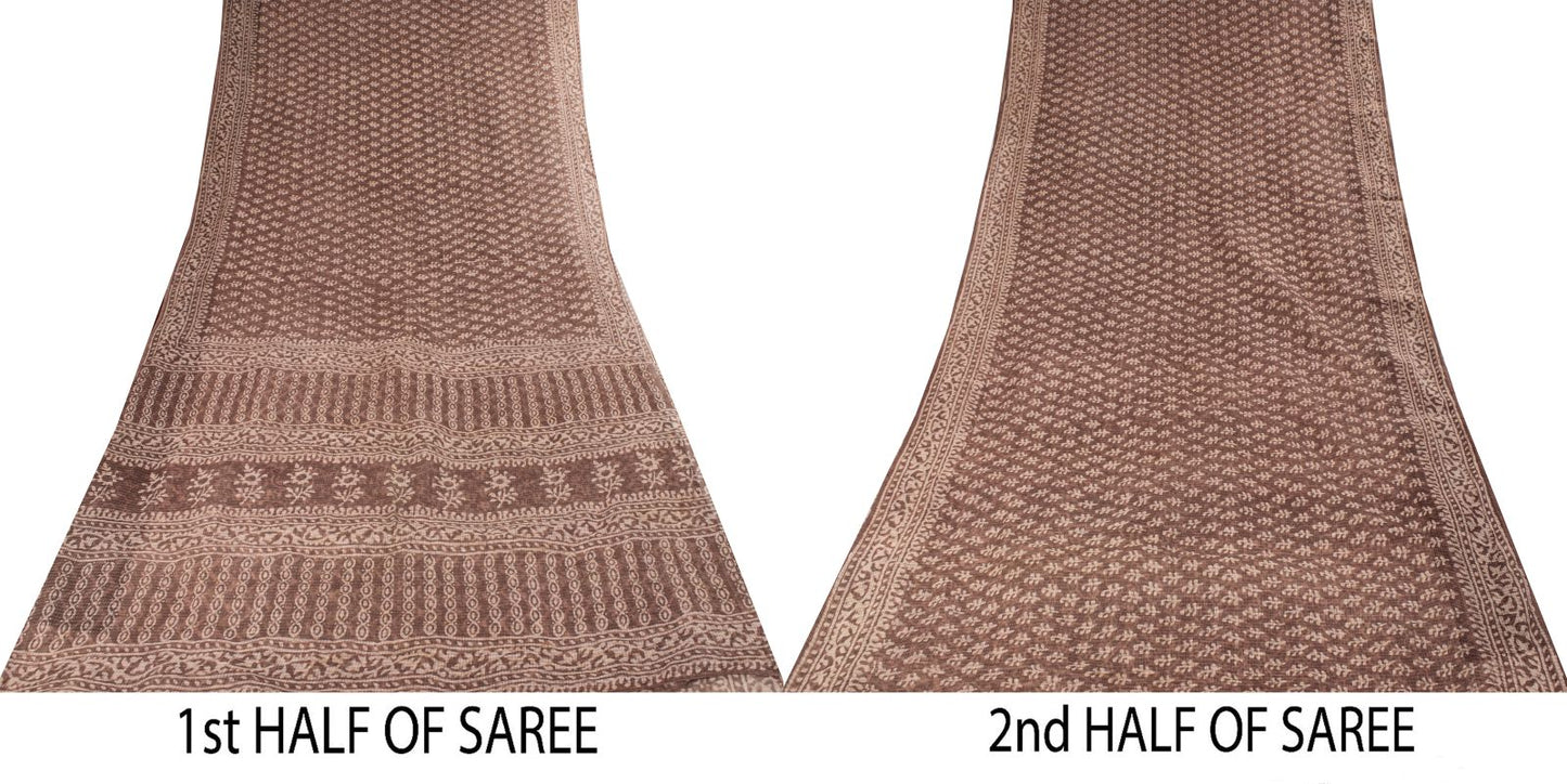 Sanskriti Vintage Saree Brown Kota WovenPure Cotton Handblock Print Sari Fabric