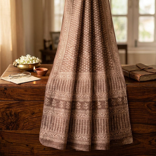 Sanskriti Vintage Saree Brown Kota WovenPure Cotton Handblock Print Sari Fabric
