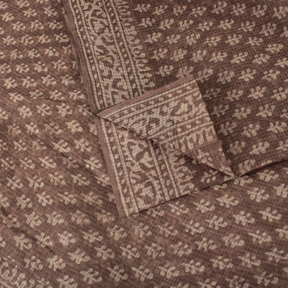 Sanskriti Vintage Saree Brown Kota WovenPure Cotton Handblock Print Sari Fabric