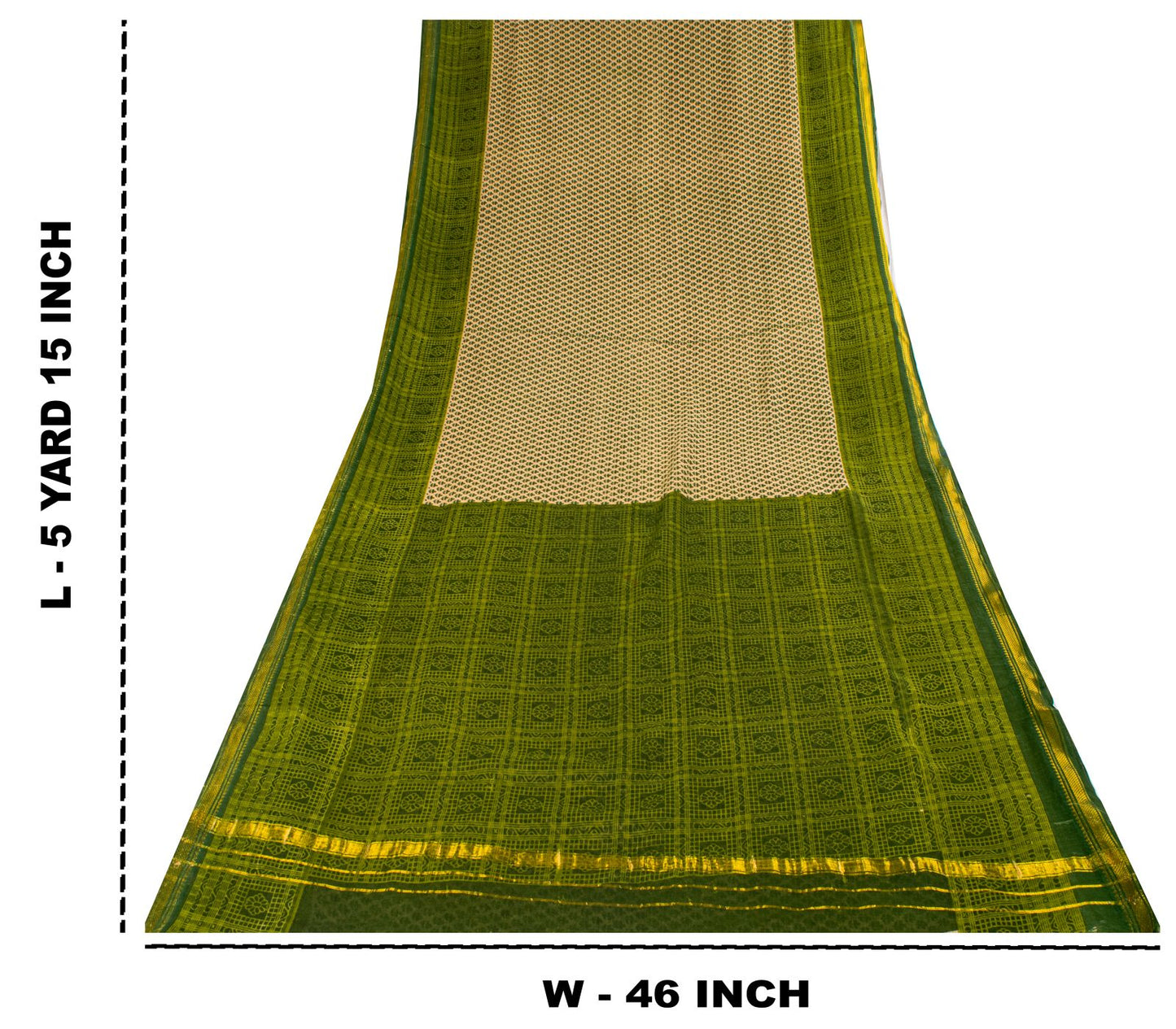 Sanskriti Vintage Saree Beige-Green Pure Cotton Floral Printed-Zari Border Sari