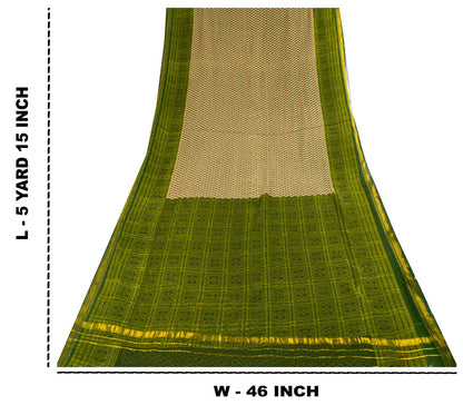 Sanskriti Vintage Saree Beige-Green Pure Cotton Floral Printed-Zari Border Sari