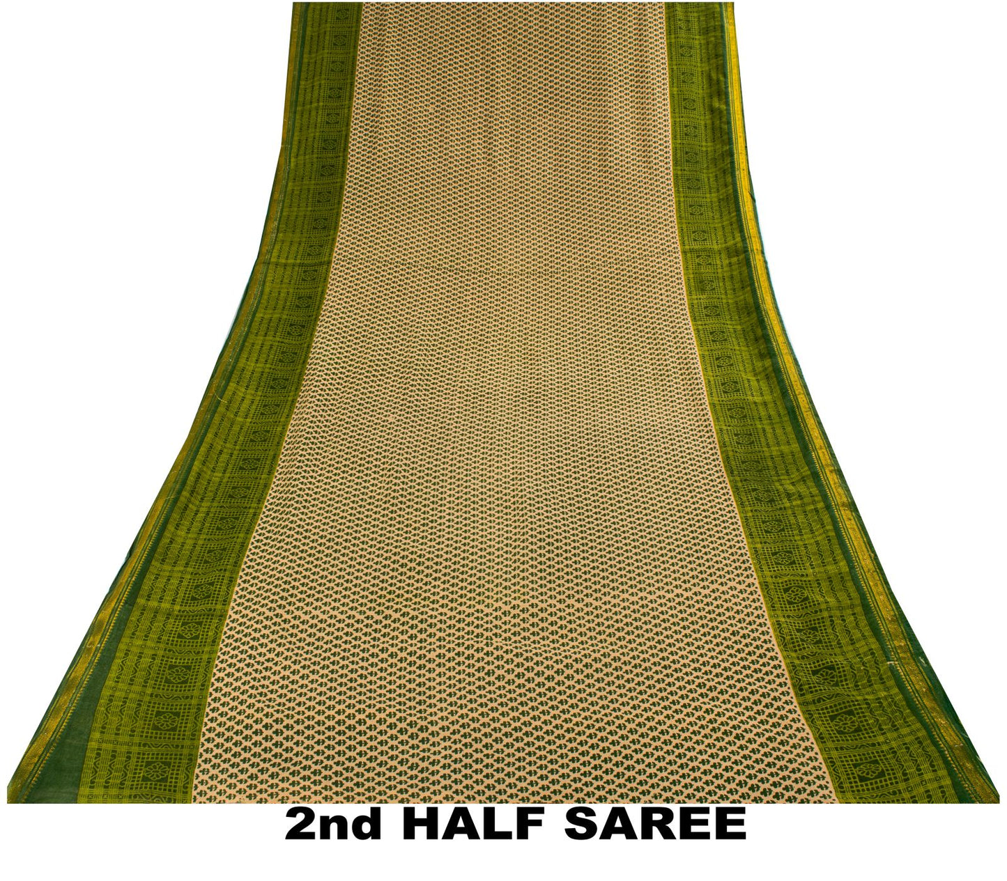 Sanskriti Vintage Saree Beige-Green Pure Cotton Floral Printed-Zari Border Sari