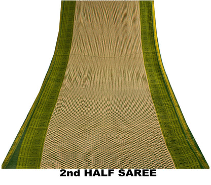 Sanskriti Vintage Saree Beige-Green Pure Cotton Floral Printed-Zari Border Sari