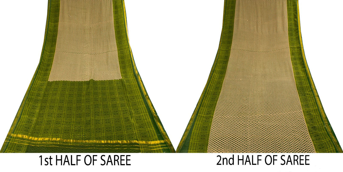 Sanskriti Vintage Saree Beige-Green Pure Cotton Floral Printed-Zari Border Sari