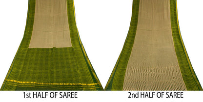 Sanskriti Vintage Saree Beige-Green Pure Cotton Floral Printed-Zari Border Sari