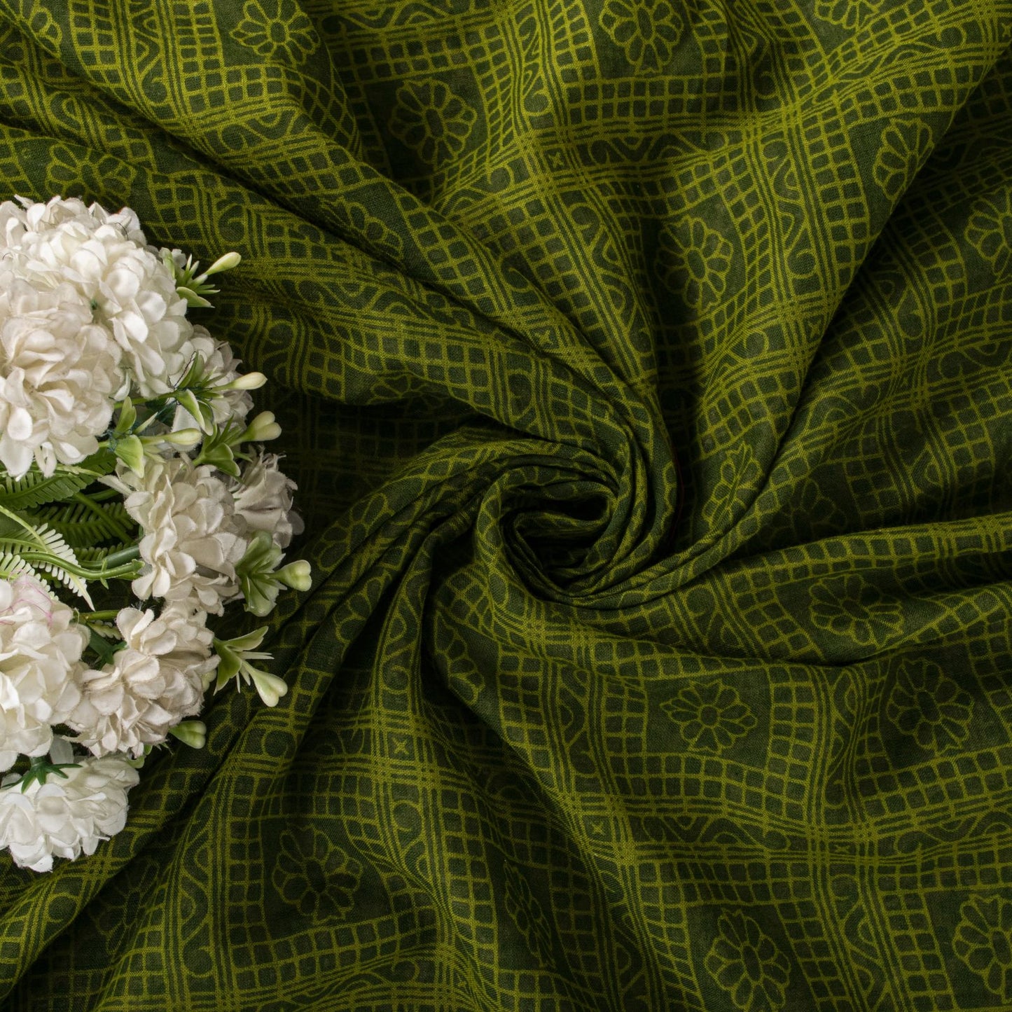 Sanskriti Vintage Saree Beige-Green Pure Cotton Floral Printed-Zari Border Sari