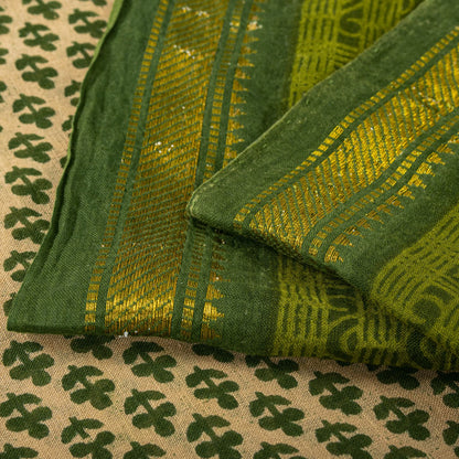 Sanskriti Vintage Saree Beige-Green Pure Cotton Floral Printed-Zari Border Sari