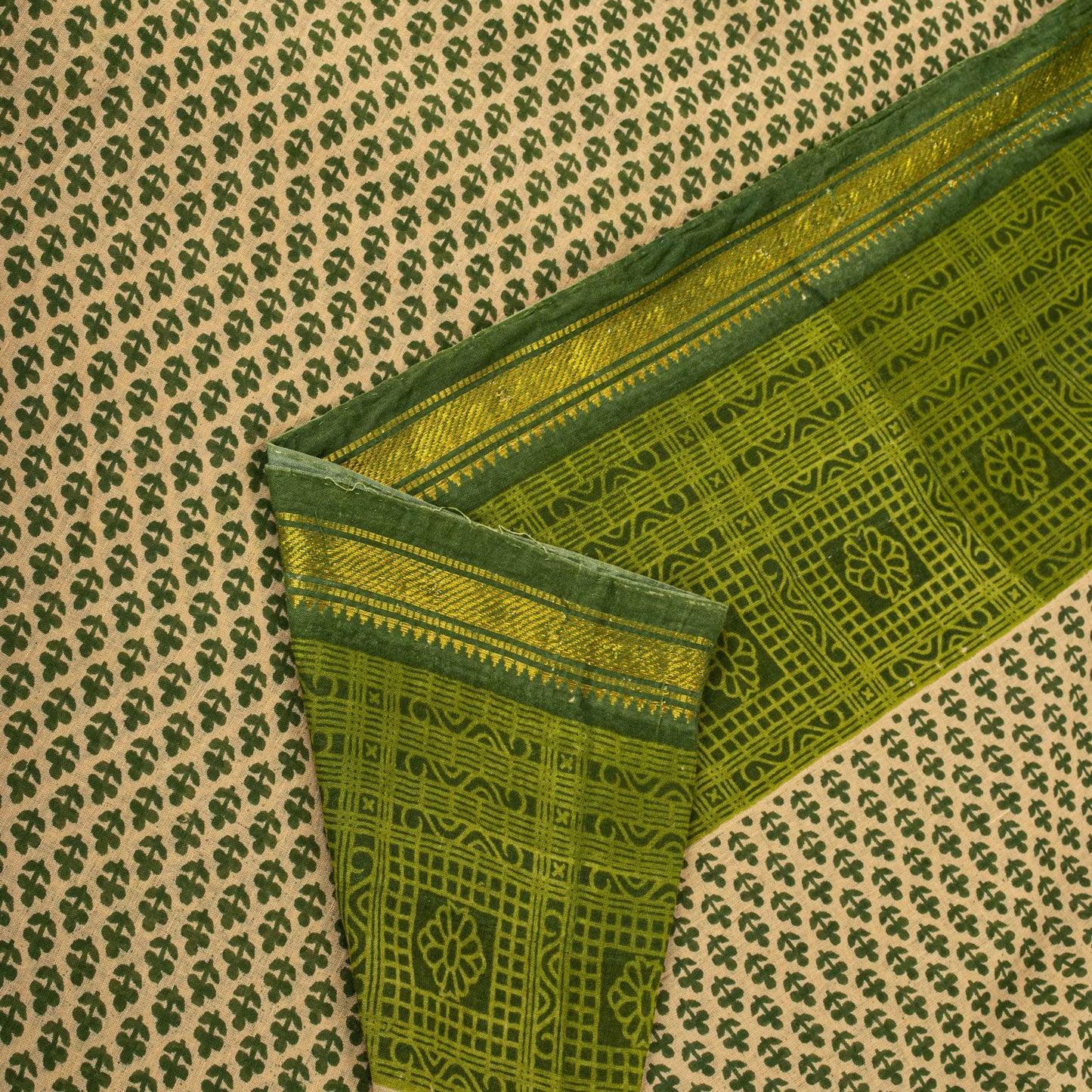 Sanskriti Vintage Saree Beige-Green Pure Cotton Floral Printed-Zari Border Sari