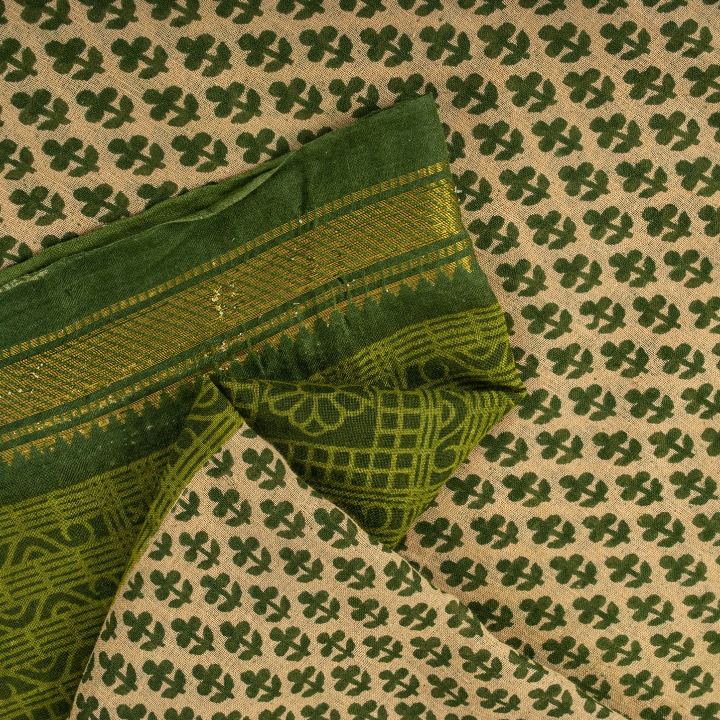 Sanskriti Vintage Saree Beige-Green Pure Cotton Floral Printed-Zari Border Sari