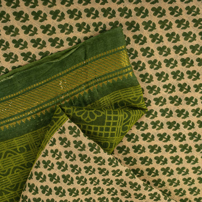 Sanskriti Vintage Saree Beige-Green Pure Cotton Floral Printed-Zari Border Sari