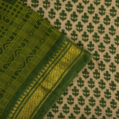 Sanskriti Vintage Saree Beige-Green Pure Cotton Floral Printed-Zari Border Sari