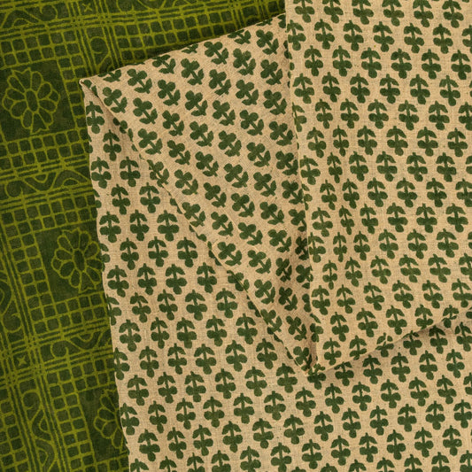 Sanskriti Vintage Saree Beige-Green Pure Cotton Floral Printed-Zari Border Sari