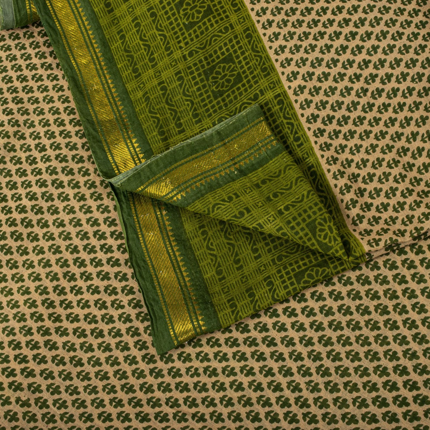 Sanskriti Vintage Saree Beige-Green Pure Cotton Floral Printed-Zari Border Sari