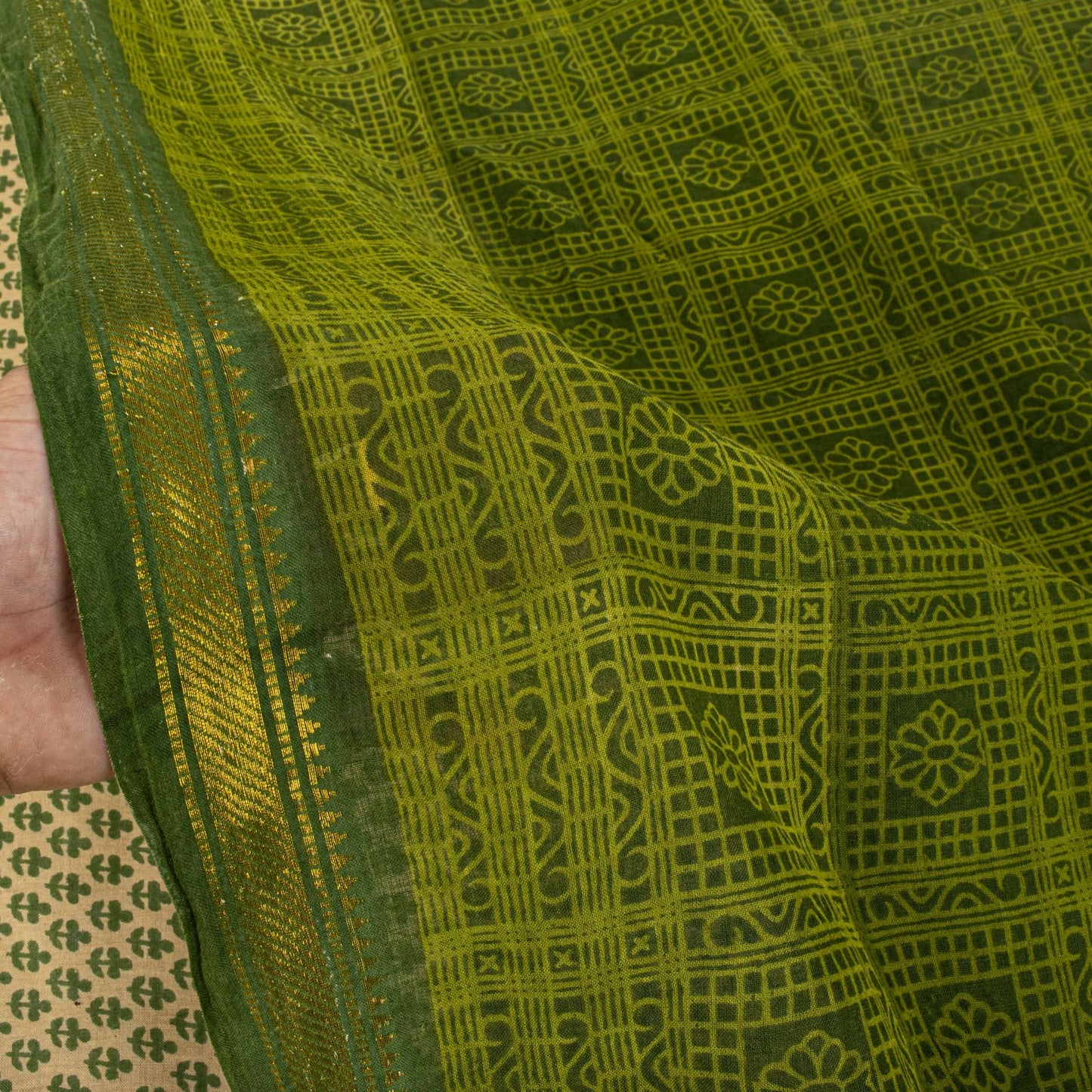 Sanskriti Vintage Saree Beige-Green Pure Cotton Floral Printed-Zari Border Sari