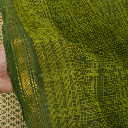 Sanskriti Vintage Saree Beige-Green Pure Cotton Floral Printed-Zari Border Sari