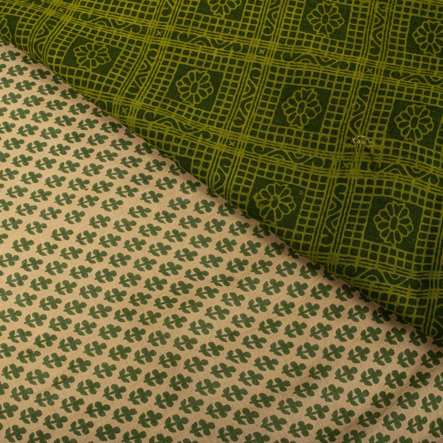 Sanskriti Vintage Saree Beige-Green Pure Cotton Floral Printed-Zari Border Sari