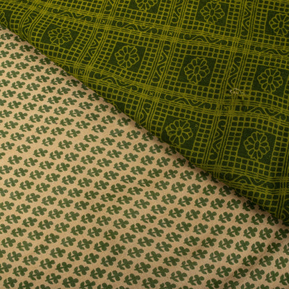 Sanskriti Vintage Saree Beige-Green Pure Cotton Floral Printed-Zari Border Sari