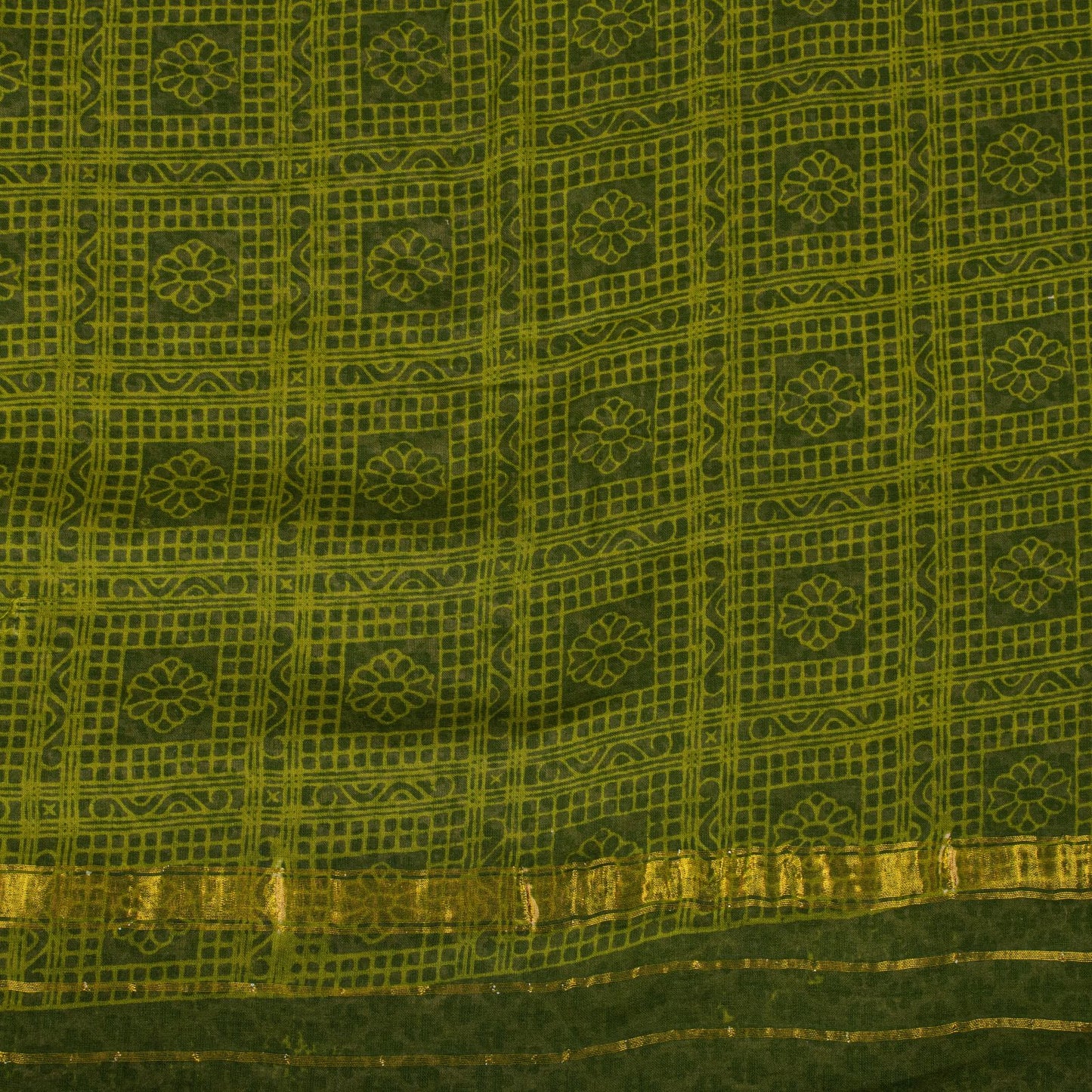 Sanskriti Vintage Saree Beige-Green Pure Cotton Floral Printed-Zari Border Sari