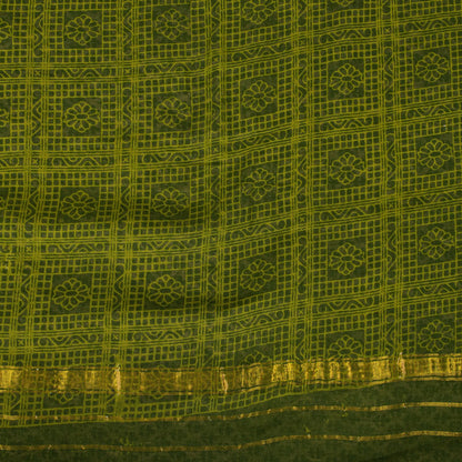 Sanskriti Vintage Saree Beige-Green Pure Cotton Floral Printed-Zari Border Sari