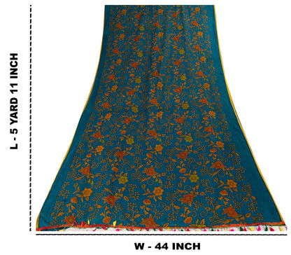 Sanskriti Vintage Saree Blue Pure Cotton Floral Printed Craft Fabric 5+Yard Sari