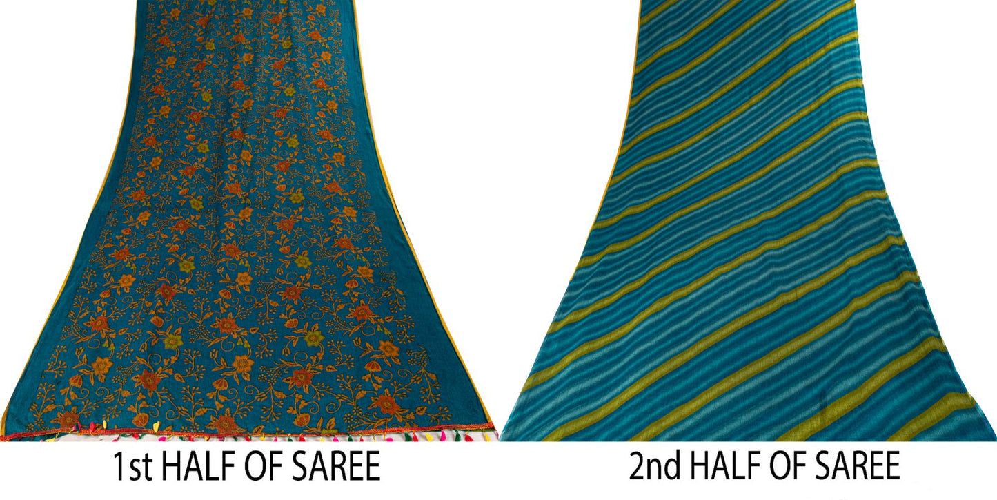 Sanskriti Vintage Saree Blue Pure Cotton Floral Printed Craft Fabric 5+Yard Sari
