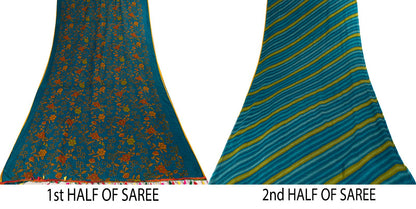 Sanskriti Vintage Saree Blue Pure Cotton Floral Printed Craft Fabric 5+Yard Sari