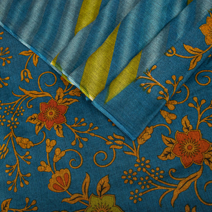 Sanskriti Vintage Saree Blue Pure Cotton Floral Printed Craft Fabric 5+Yard Sari
