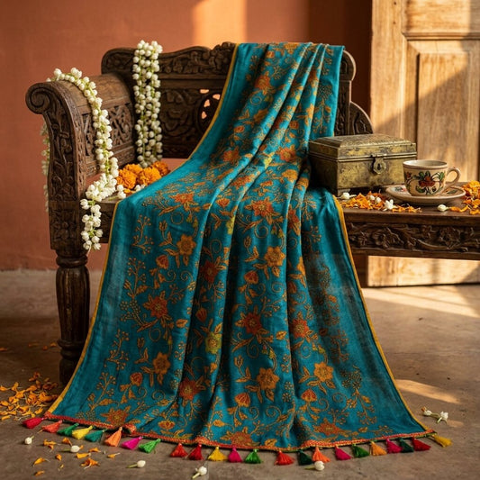Sanskriti Vintage Saree Blue Pure Cotton Floral Printed Craft Fabric 5+Yard Sari