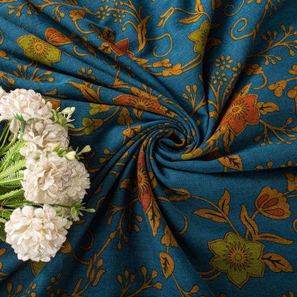 Sanskriti Vintage Saree Blue Pure Cotton Floral Printed Craft Fabric 5+Yard Sari