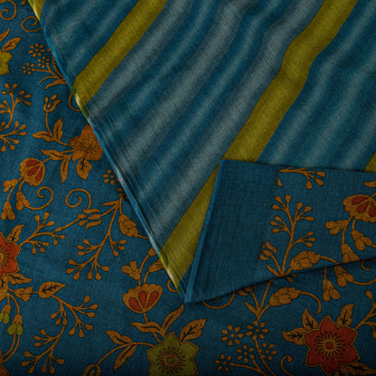 Sanskriti Vintage Saree Blue Pure Cotton Floral Printed Craft Fabric 5+Yard Sari