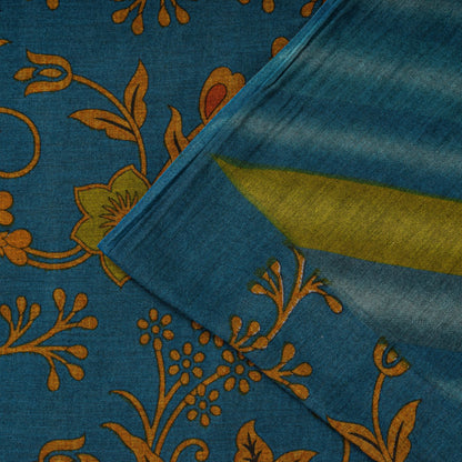 Sanskriti Vintage Saree Blue Pure Cotton Floral Printed Craft Fabric 5+Yard Sari