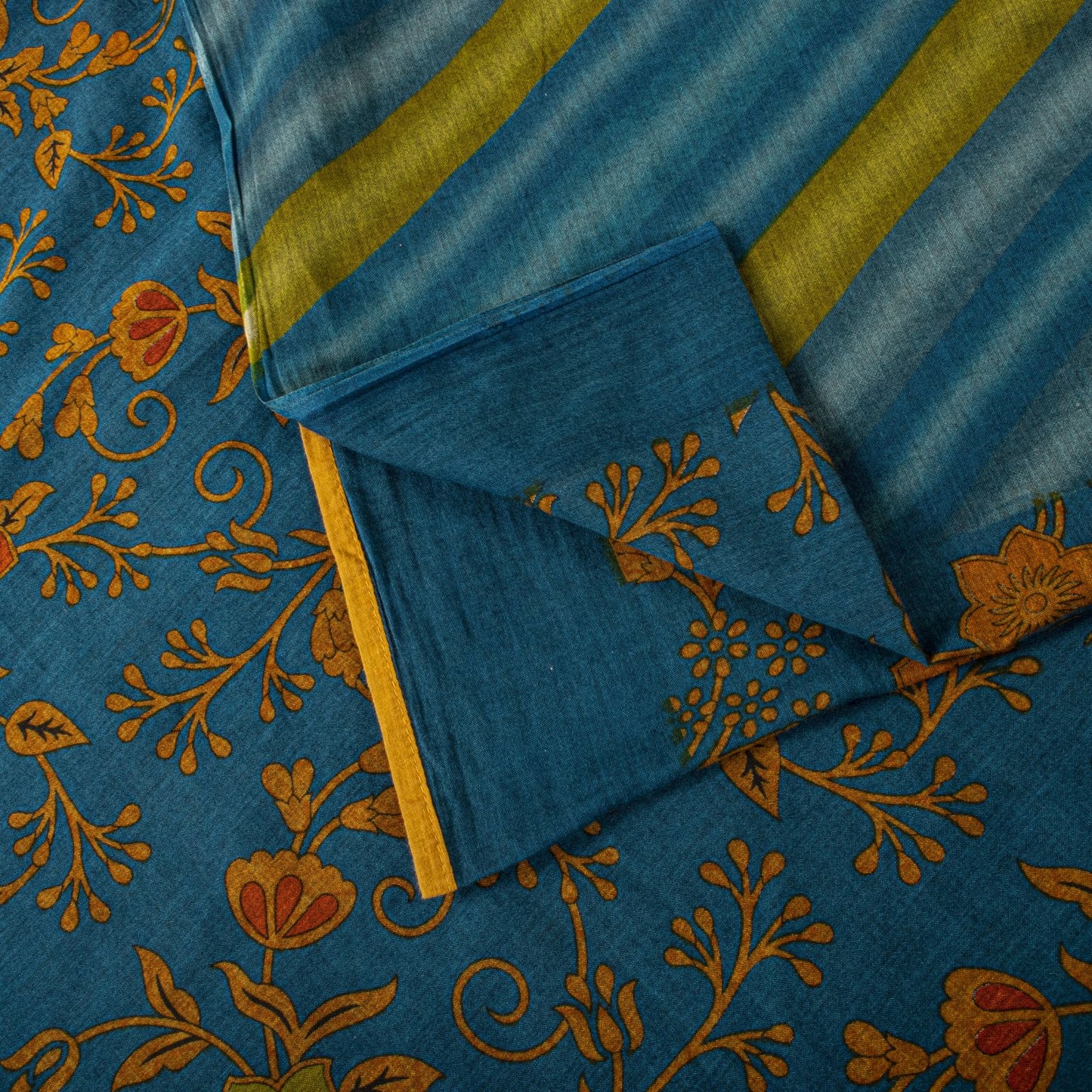 Sanskriti Vintage Saree Blue Pure Cotton Floral Printed Craft Fabric 5+Yard Sari