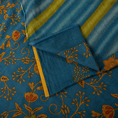 Sanskriti Vintage Saree Blue Pure Cotton Floral Printed Craft Fabric 5+Yard Sari