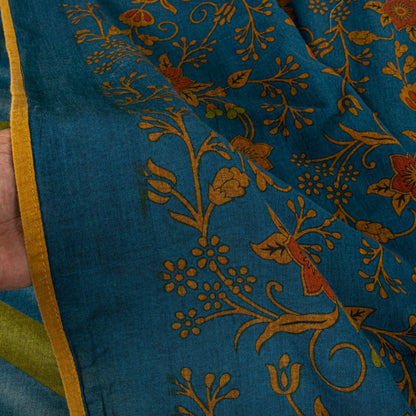 Sanskriti Vintage Saree Blue Pure Cotton Floral Printed Craft Fabric 5+Yard Sari