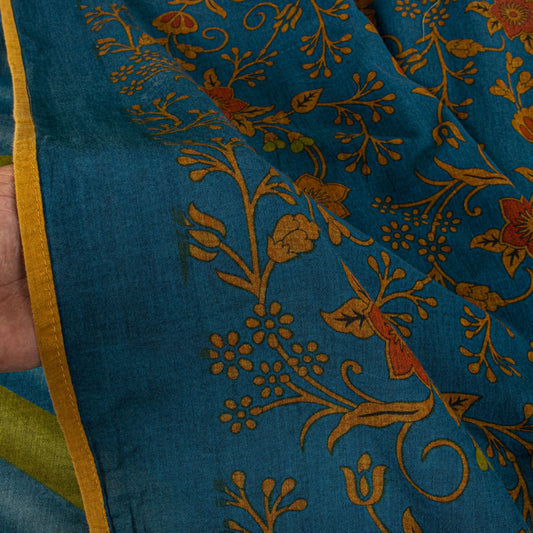 Sanskriti Vintage Saree Blue Pure Cotton Floral Printed Craft Fabric 5+Yard Sari