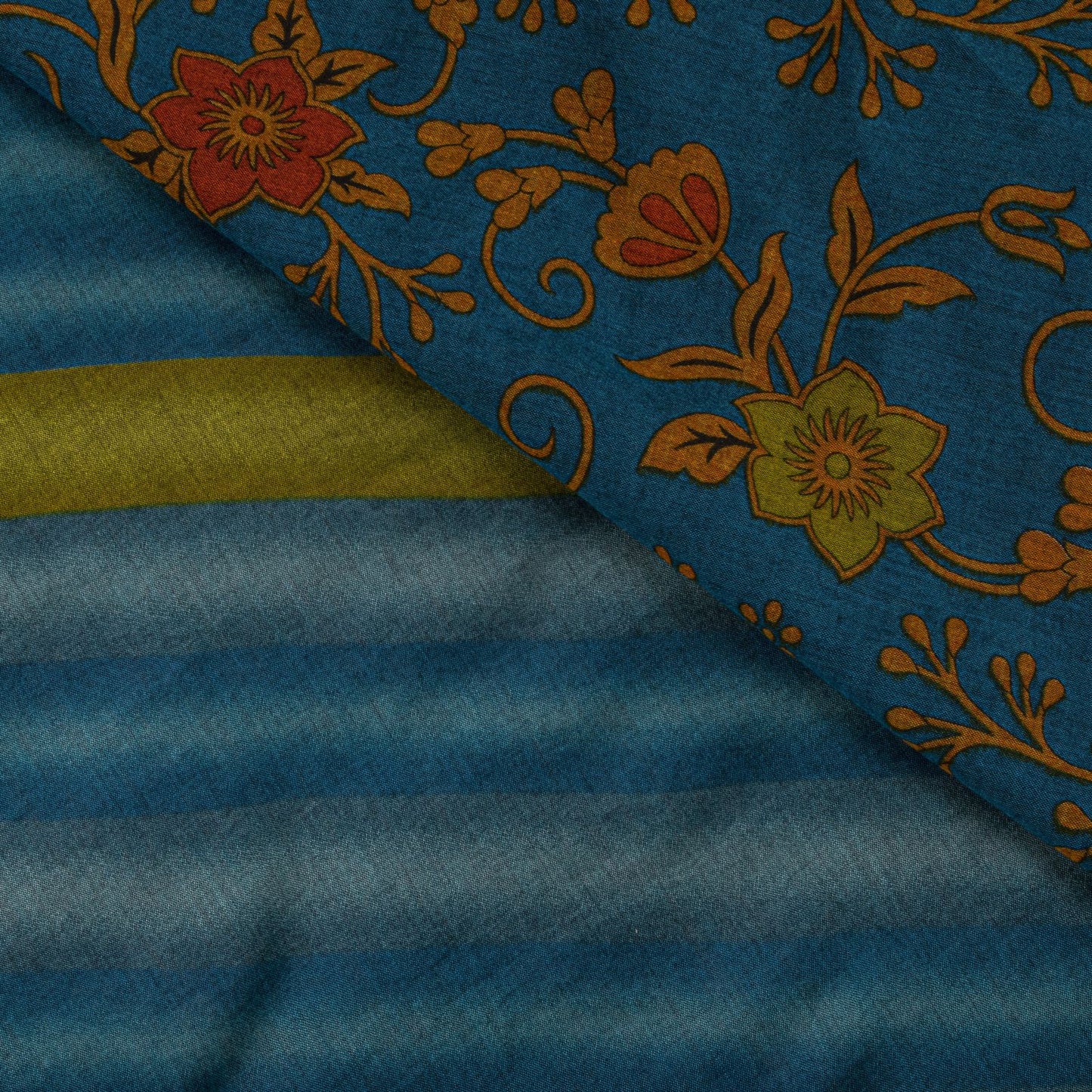 Sanskriti Vintage Saree Blue Pure Cotton Floral Printed Craft Fabric 5+Yard Sari