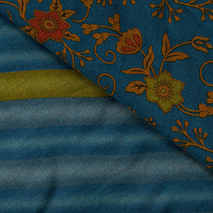 Sanskriti Vintage Saree Blue Pure Cotton Floral Printed Craft Fabric 5+Yard Sari