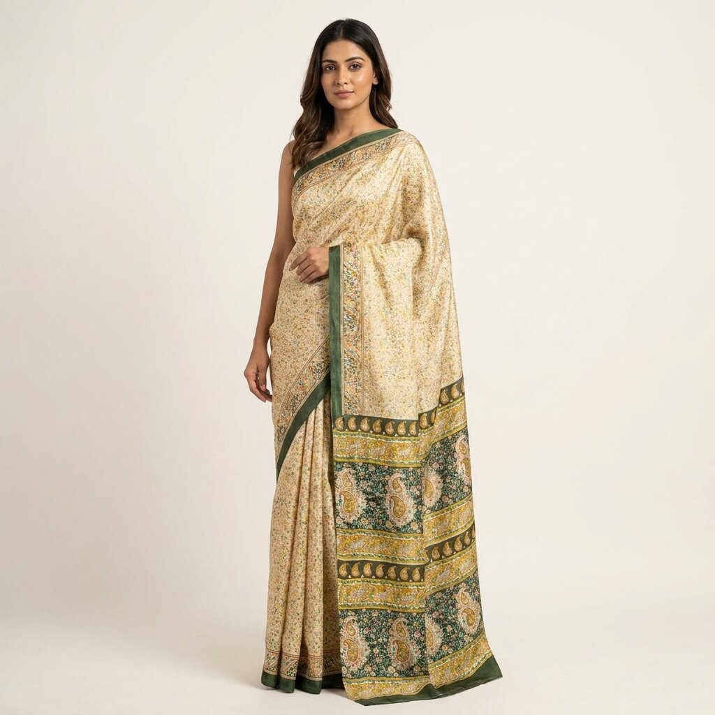 Sanskriti Vintage Saree Cream Pure Cotton Paisley Print Sari Craft Fabric 5+Yard