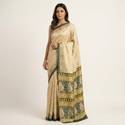 Sanskriti Vintage Saree Cream Pure Cotton Paisley Print Sari Craft Fabric 5+Yard