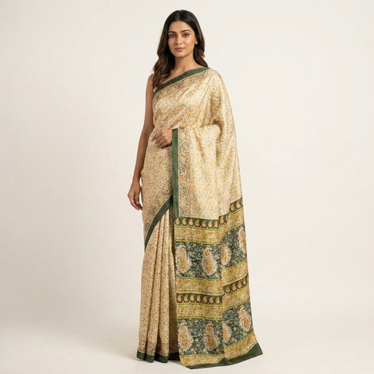 Sanskriti Vintage Saree Cream Pure Cotton Paisley Print Sari Craft Fabric 5+Yard