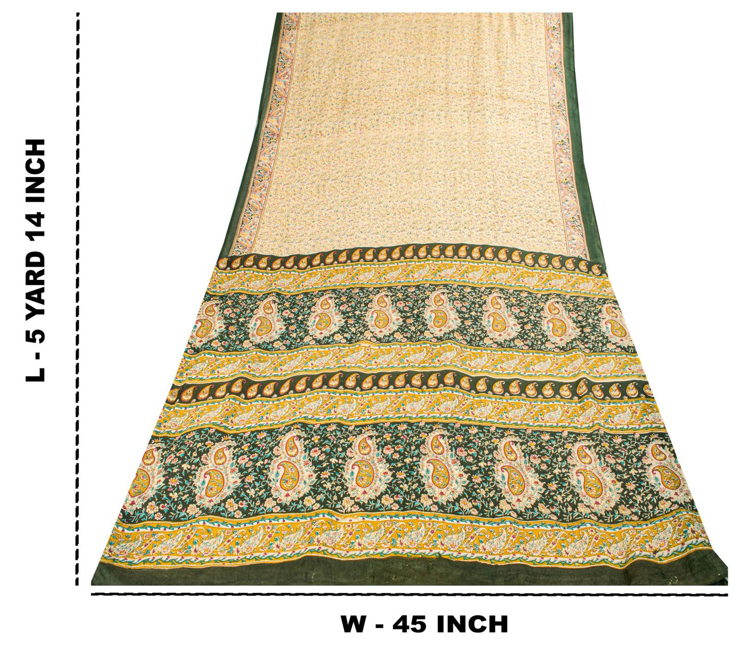 Sanskriti Vintage Saree Cream Pure Cotton Paisley Print Sari Craft Fabric 5+Yard
