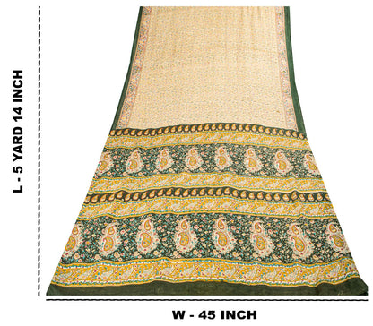 Sanskriti Vintage Saree Cream Pure Cotton Paisley Print Sari Craft Fabric 5+Yard