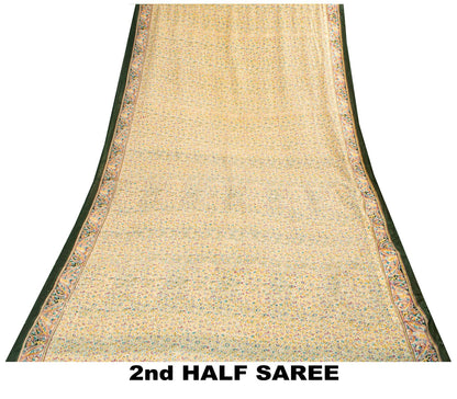 Sanskriti Vintage Saree Cream Pure Cotton Paisley Print Sari Craft Fabric 5+Yard