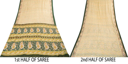 Sanskriti Vintage Saree Cream Pure Cotton Paisley Print Sari Craft Fabric 5+Yard