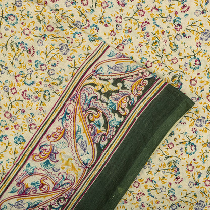 Sanskriti Vintage Saree Cream Pure Cotton Paisley Print Sari Craft Fabric 5+Yard