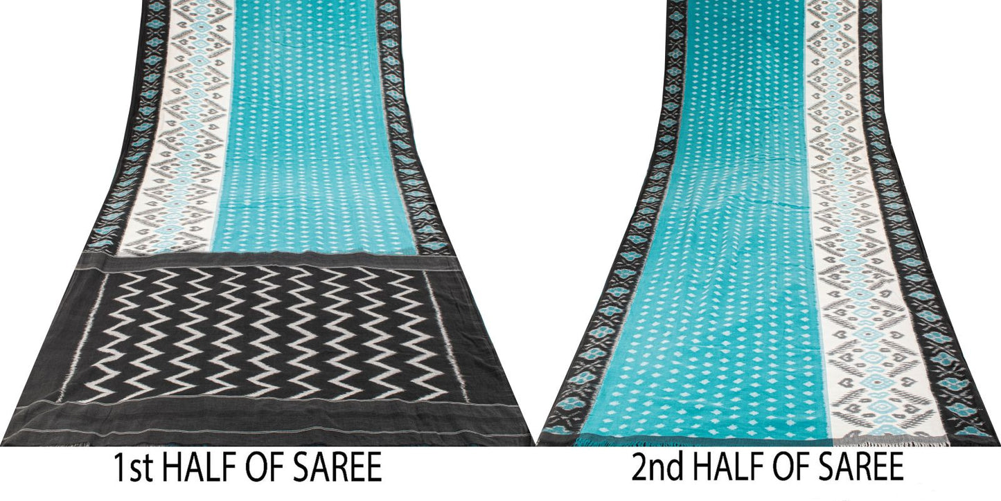 Sanskriti Vintage Saree Blue-Black Pure Cotton Ikat Hand Woven Pochampally Sari