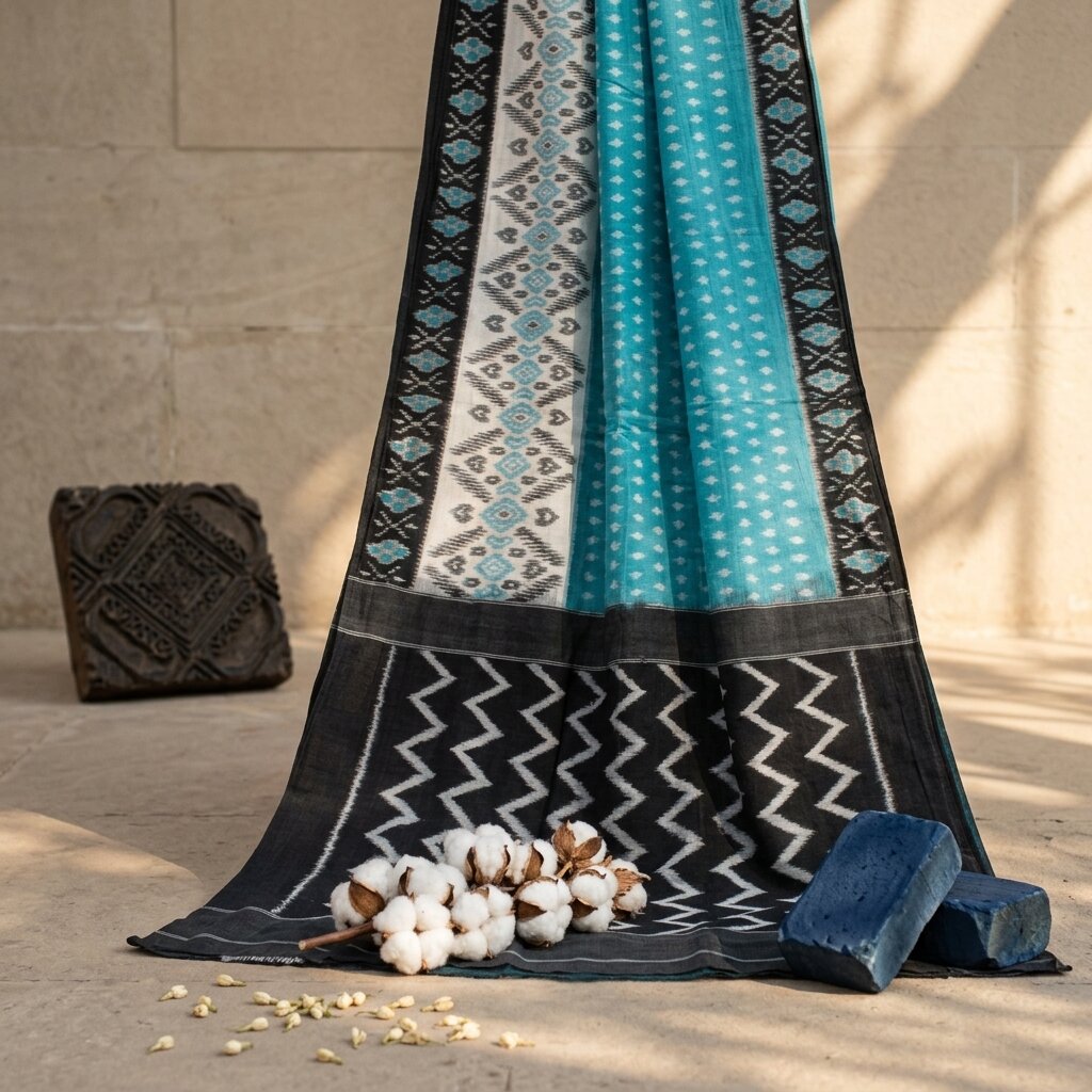 Sanskriti Vintage Saree Blue-Black Pure Cotton Ikat Hand Woven Pochampally Sari