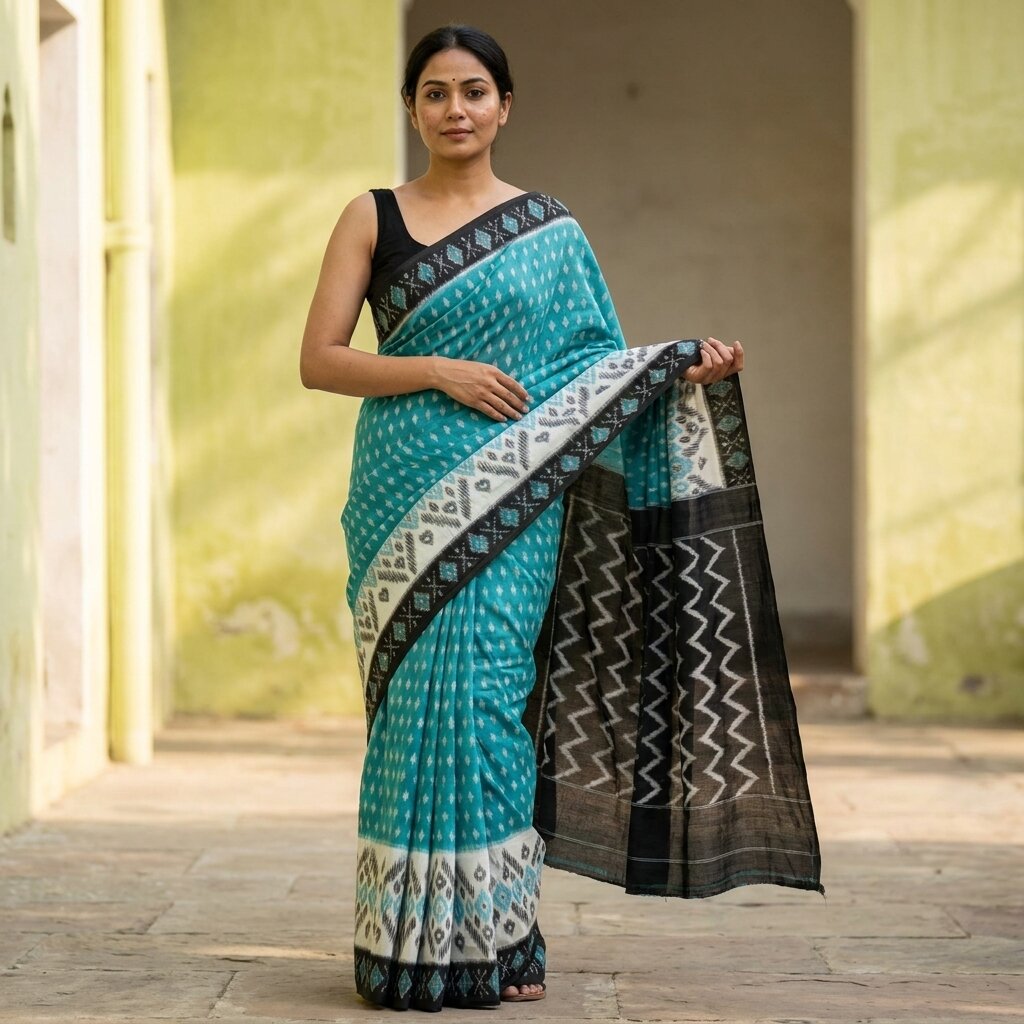 Sanskriti Vintage Saree Blue-Black Pure Cotton Ikat Hand Woven Pochampally Sari