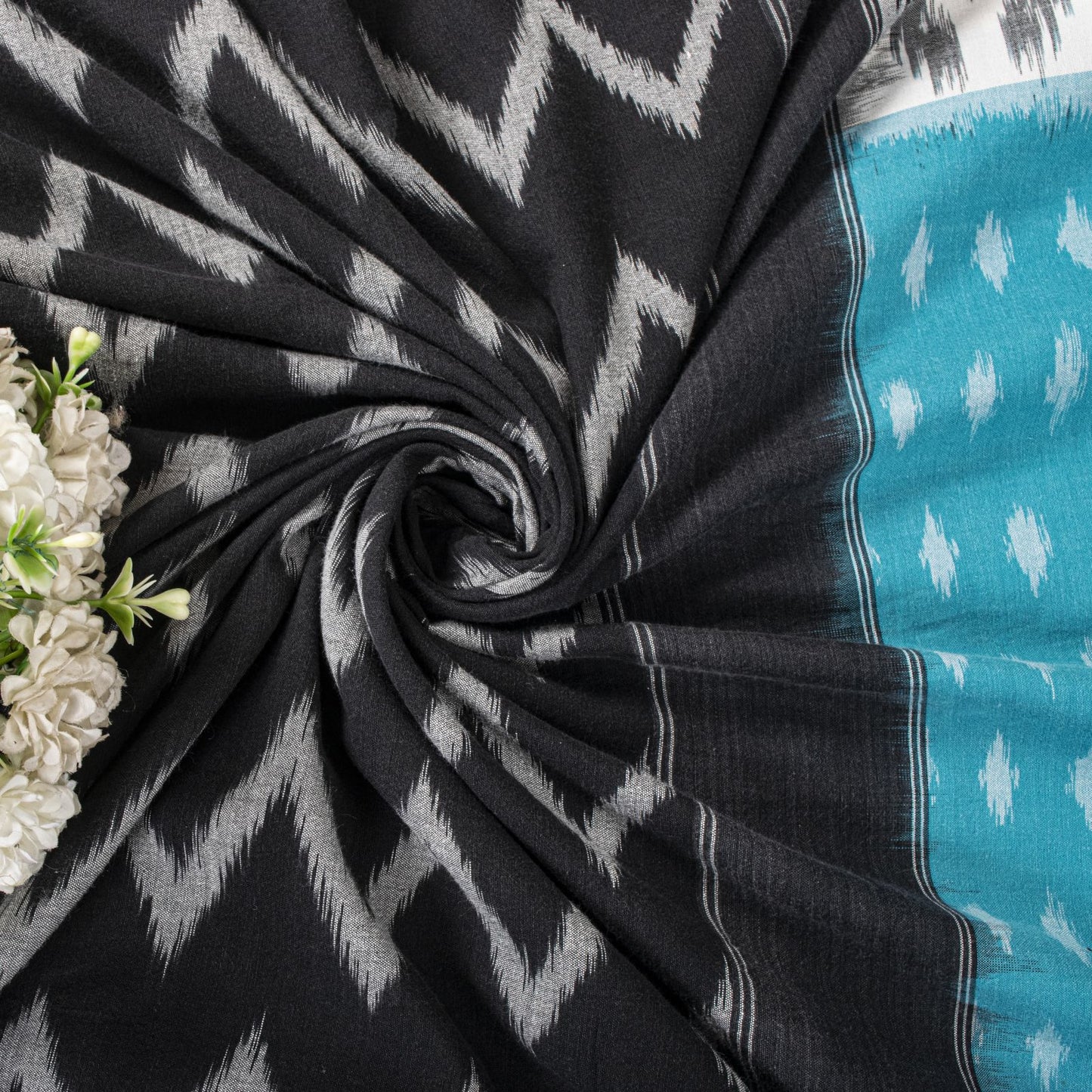 Sanskriti Vintage Saree Blue-Black Pure Cotton Ikat Hand Woven Pochampally Sari